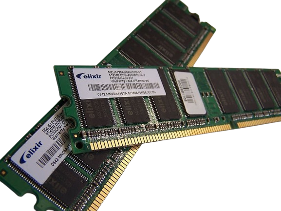 A RAM module with a green circuit board and metallic connectors for memory enhancement.