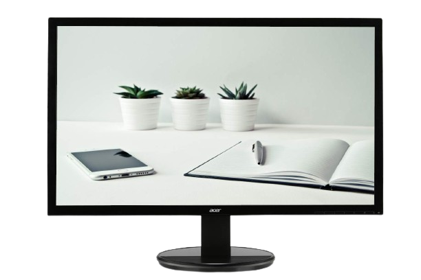 A widescreen monitor displaying a vibrant, high-resolution image, set on a sleek stand with thin bezels, positioned on a clean desk.