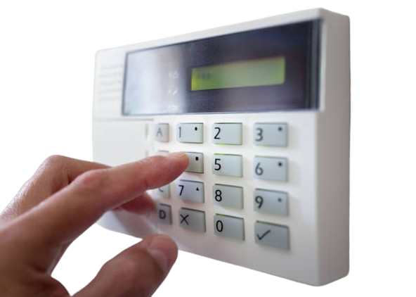 Honeywell burglar alarm system showing a control panel with buttons and status lights.