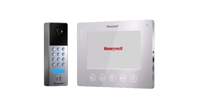 Honeywell video door phone with a high-resolution screen displaying a live video feed of the front door.