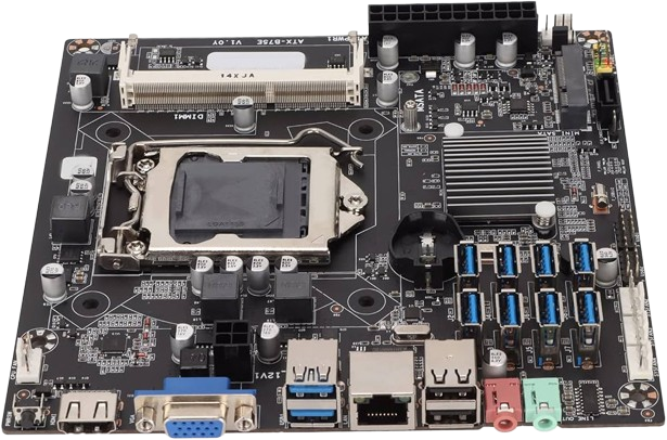 A motherboard with a green circuit board, CPU socket, RAM slots, and various connectors for components.