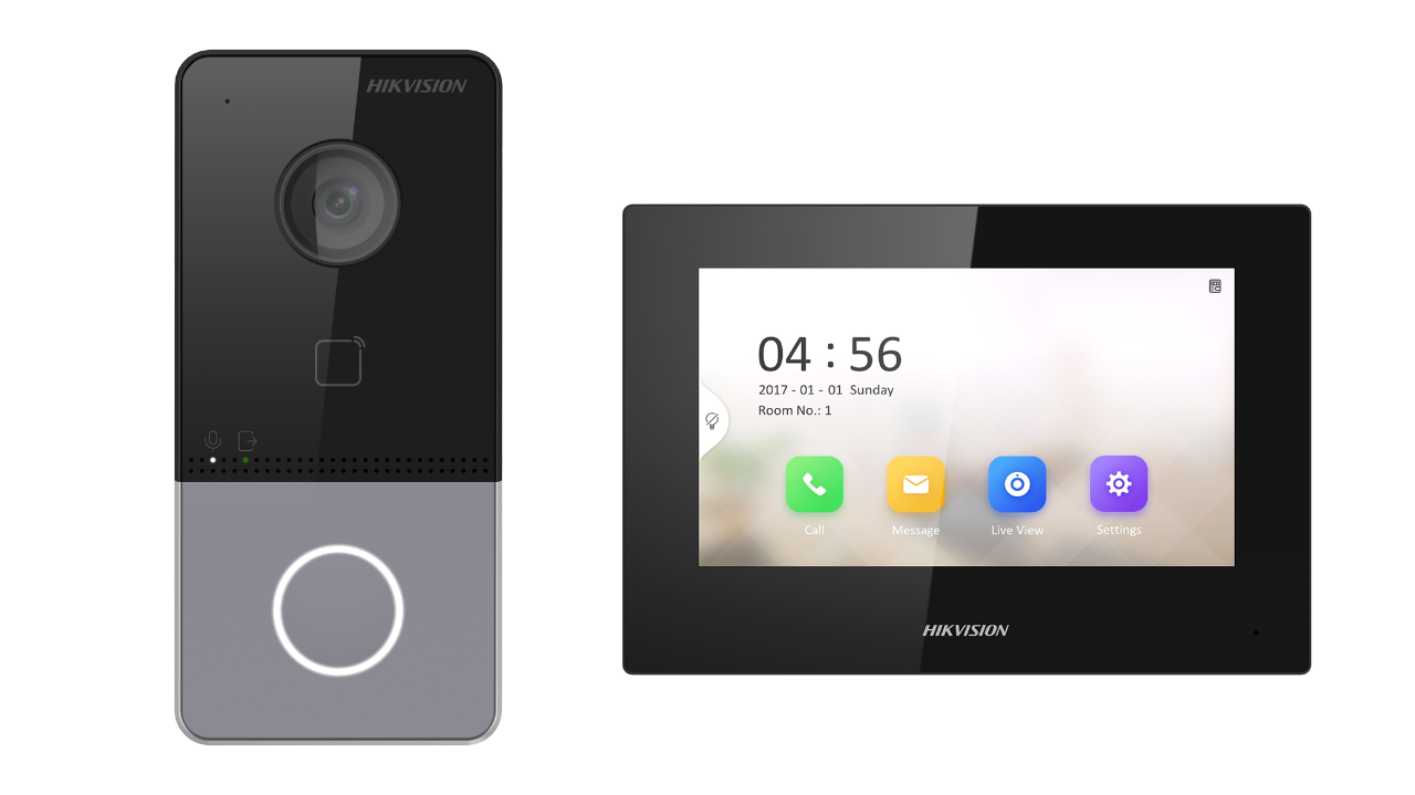 A Hikvision video door phone featuring a sleek screen interface for visual communication and control at the entrance.